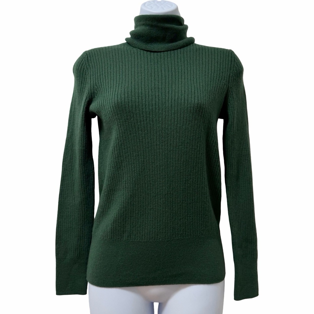 Saks Fifth Avenue Womens Merino Wool Blend Rib Turtleneck Sweater Size M Green